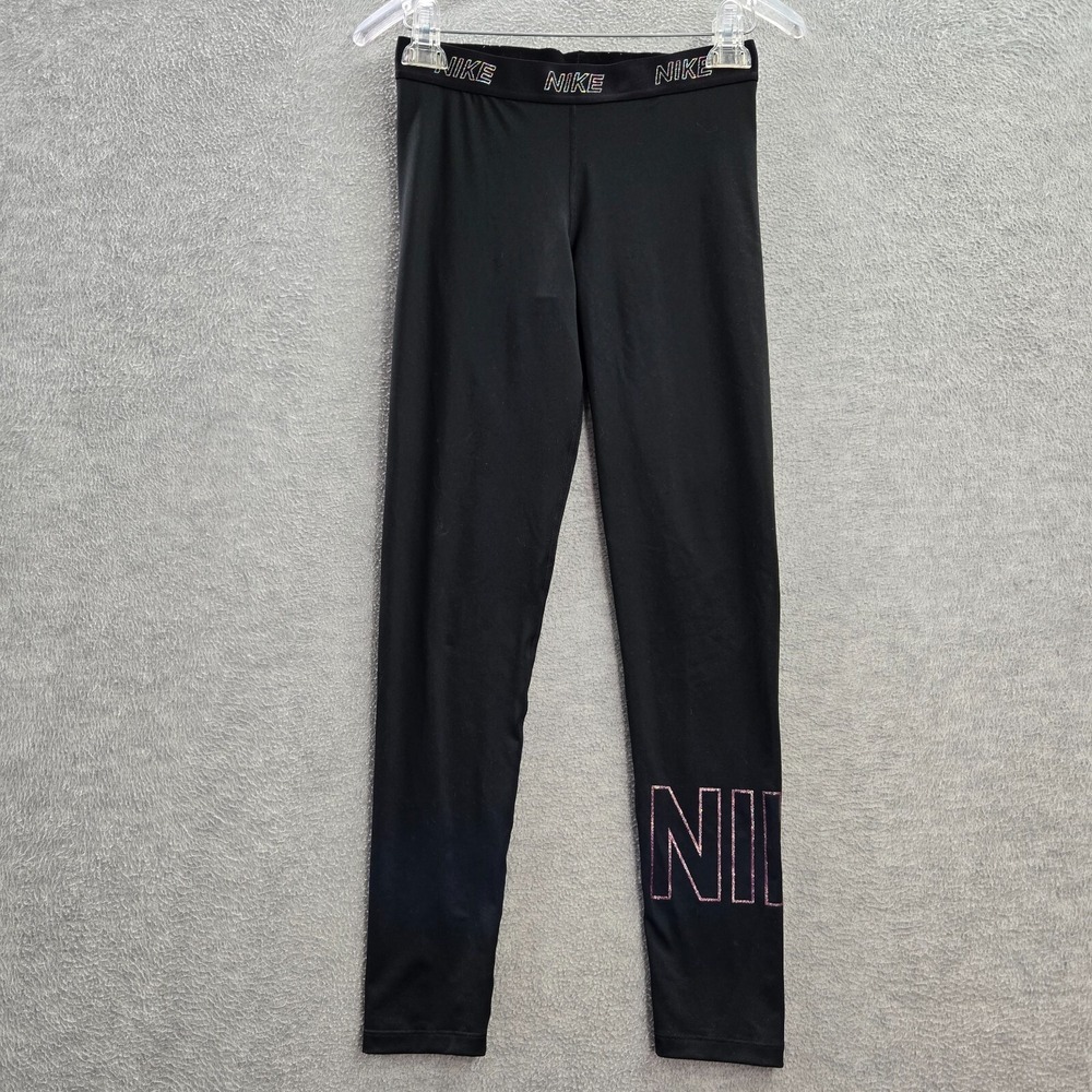 Nike Women Activewear Pants Medium Black Leggings Logo Glitter 28 in Inseam